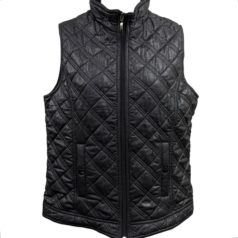 Chico's Women's 1 / M Shiny Quilted Vest Full Zip Black Pockets Sleeveless Lined